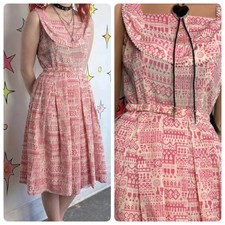 Vintage 50s Pink Novelty Tiki Babydoll Ruffle Kawaii Cotton Day Dress - Small