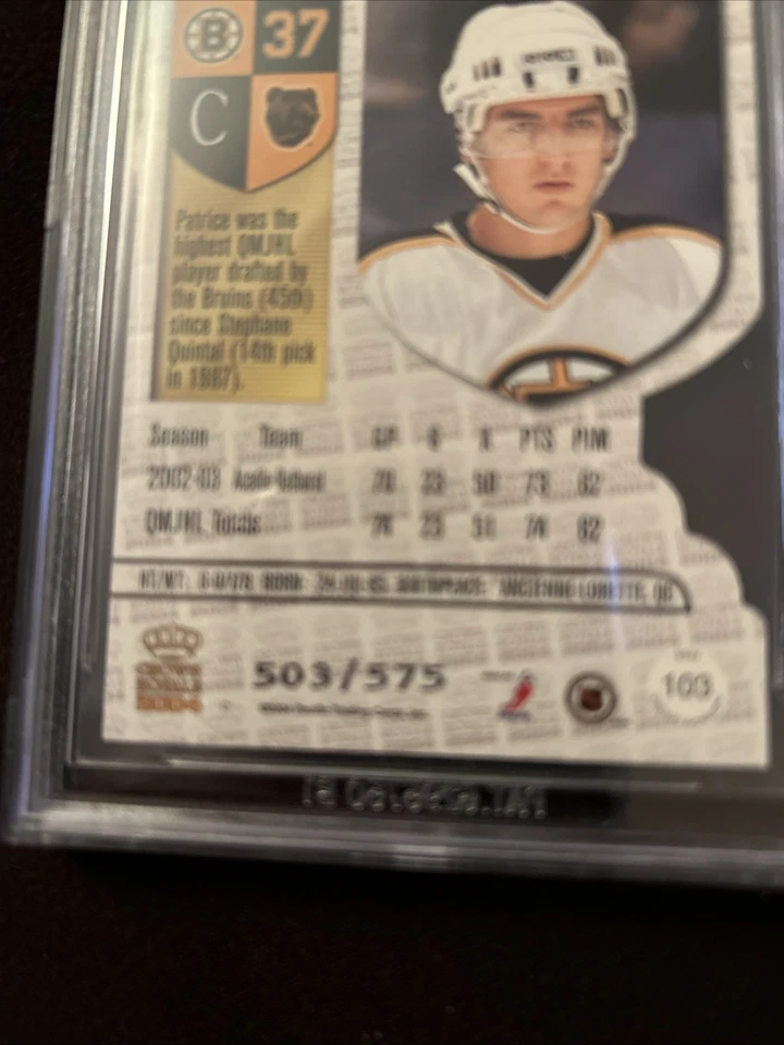 Crown Royale #103 Patrice Bergeron 2003-04 radiocontrol novato/575 BGS 9,5 Foto 4 de 4