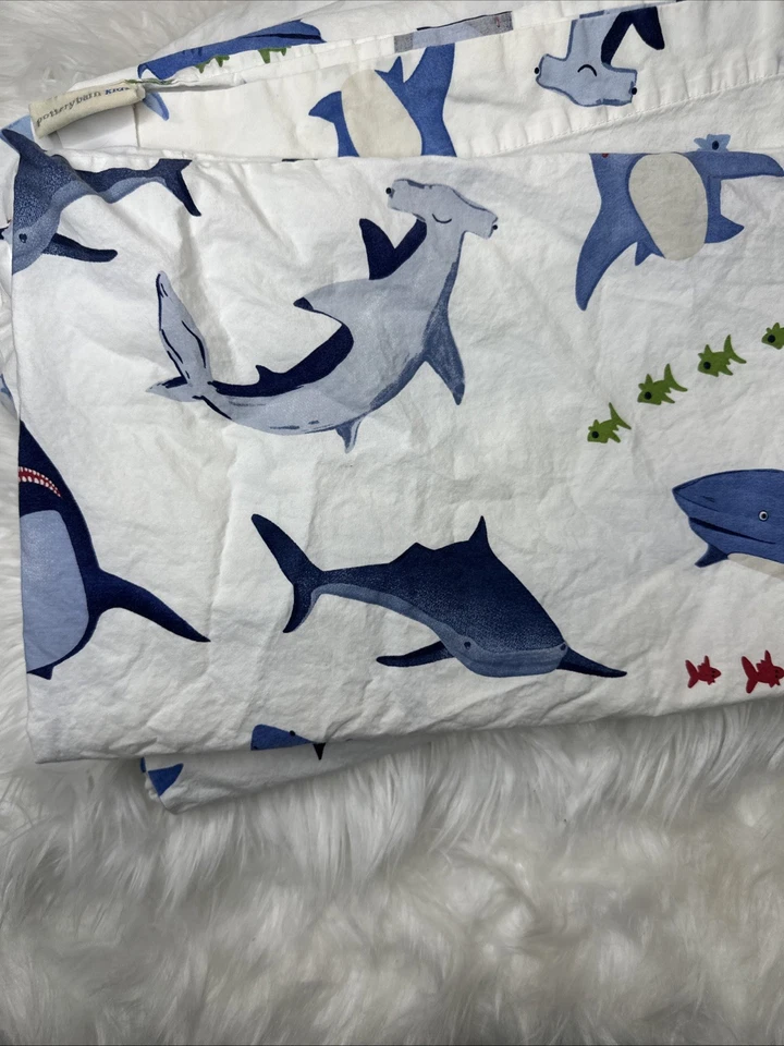 Conjunto de lençóis Pottery Barn Kids mordida de tubarão oceano náutico TAMANHO DUPLO PLANO, AJUSTADO, ESTOJO - Imagem 3 de 4