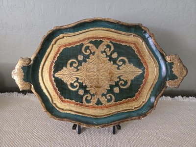 Vintage Florentine Italian Painted Gilt Wood Handled Vanity Tray 18''