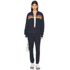 Aviator Nation 5 Stripe Hoodie Sweatpants Navy Charcoal Pink Green Set Size M