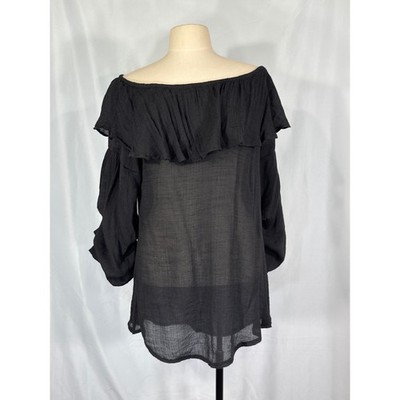 Venus Black Off the Shoulder Ruffle Blouse Sheer Textured Long Sleeve Top Large