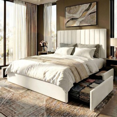 SHA CERLIN Queen Platform Bed 4 Drawers Velvet White