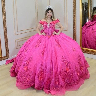 pink sweet sixteen dresses Gorgeous Blush 3D Floral Prom 16 Dress ARD2161 Glitter Tulle Elegant Pink Sequined Quinceanera Dress