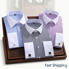 Mens Dress Shirts Luxury Casual Striped White Collar Camisas French Cuff Shirts