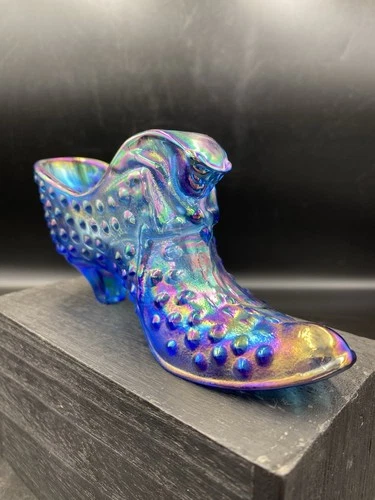 Fenton Blue Carnival Glass Hobnail Cat Head Shoe Slipper Figurine
