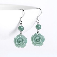 One Pair Sterling Silver Natural Green Jade Jadeite Rose Flower Dangle Earrings