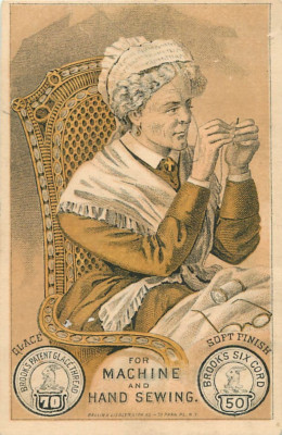 c1880s Brooks Spool Cotton Thread - Old Lady Sewing Victorian Trade Card