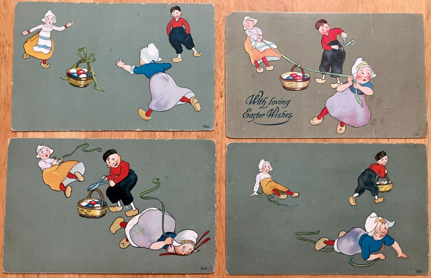 Antique postcards: Easter prank over basket of Easter eggs told in 4 cards, used