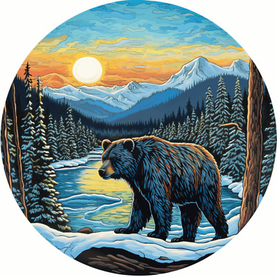 Bear Patch Iron-on Applique Nature Snow River Sun Mountain Wild Animal Badge