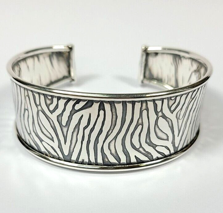 Sterling Silver Zebra Pattern Wide Cuff Bangle Br… - image 2