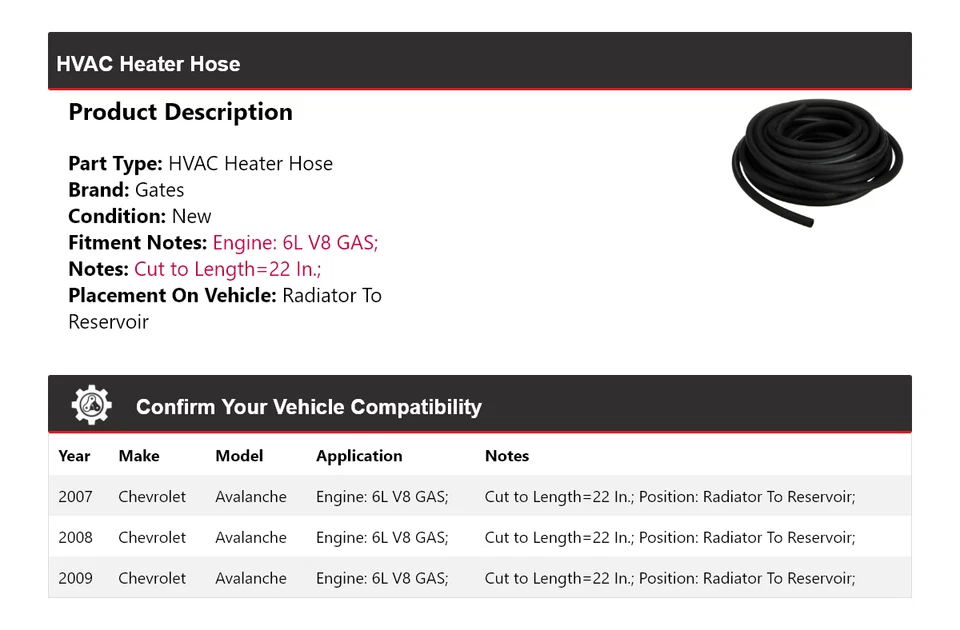Para Chevrolet Avalanche 2007-2009 HVAC calefacción manguera radiador a puertas de depósito Foto 2 de 4