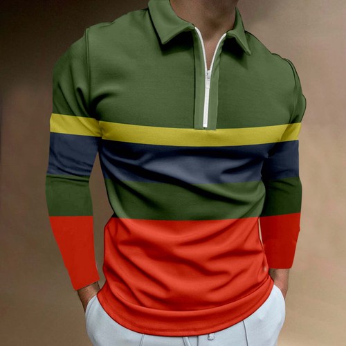 Polo Shirts Men Casual Long Sleeve Print Zip Collar Slim Fit Golf Lapel Top - Picture 25 of 38