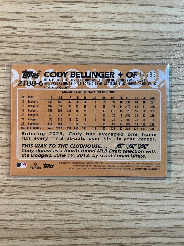2023 Topps Series 2 1988 Insert Black Parallel #/299 Cody Bellinger #2T88-6 - Image 4 of 4
