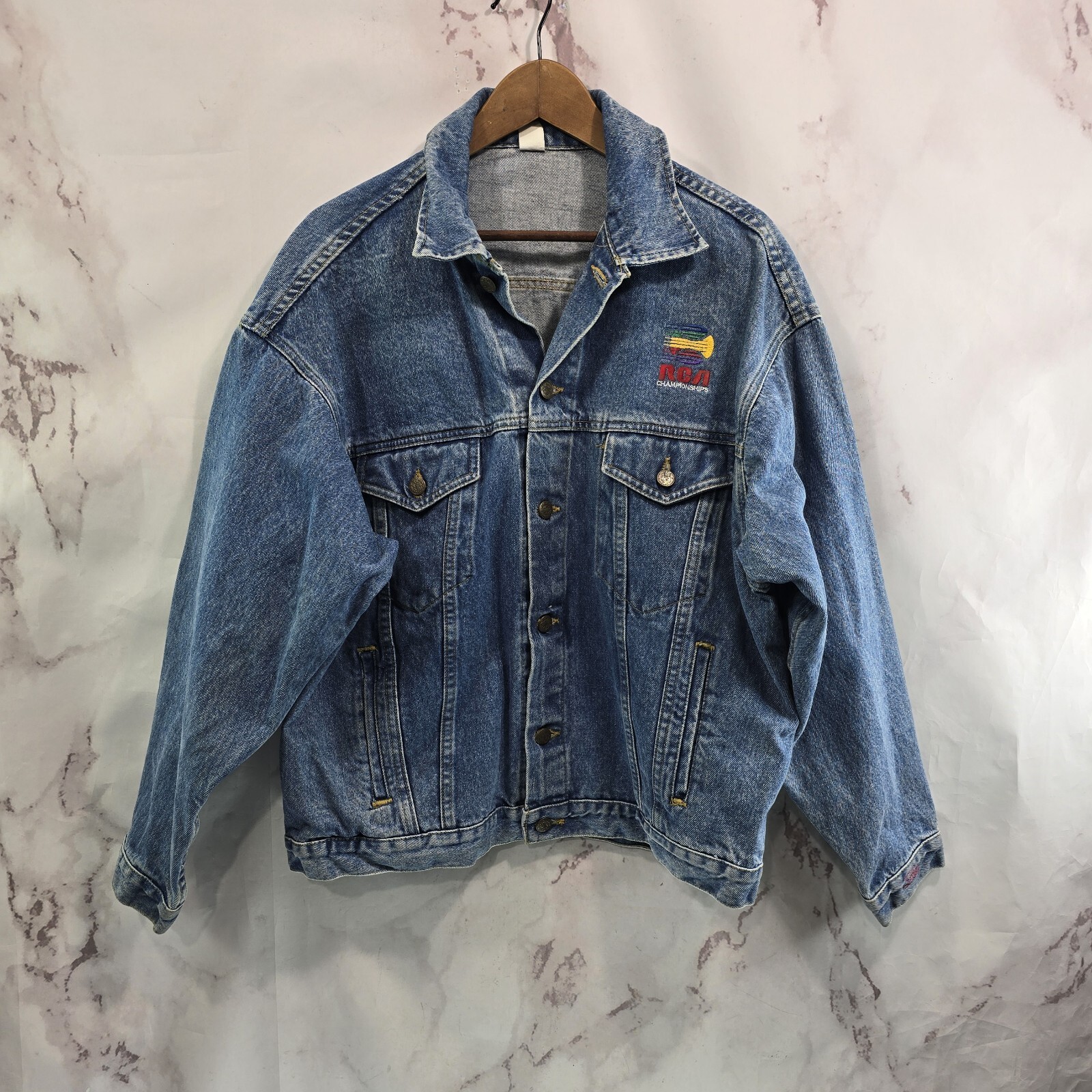 Vintage Denim Jacket Men Large 80s 90s RCA GE NBC TV Radio Medium Trucker Jean-image