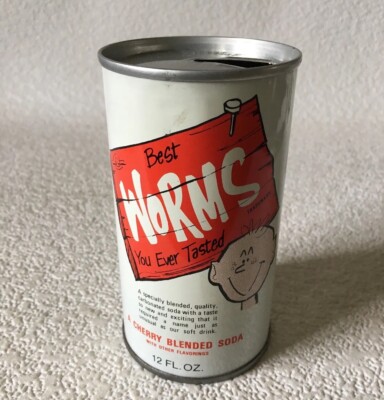 Vintage I Like WORMS Best Cherry Soda Can Straight Steel Wide Seam NEW RICHMOND