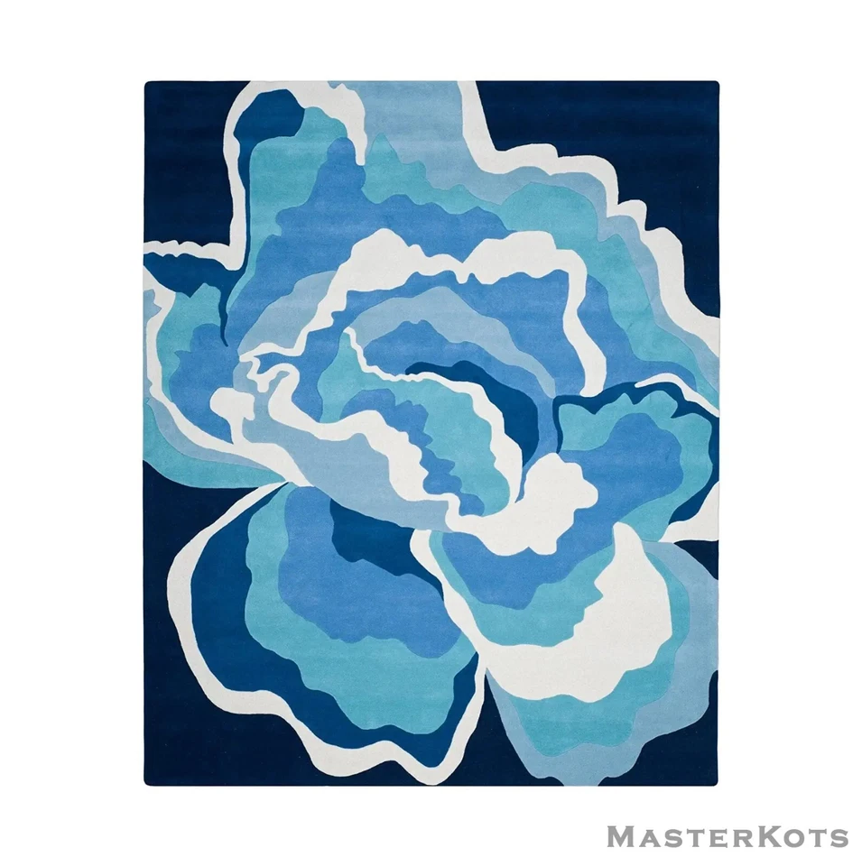 Blau & Weiß Rosen Blumen Handgetuftet 100% Wolle Weich Bereich Teppich - Bild 2 von 3