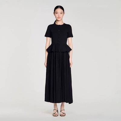 NEW Sandro Two fakes Pleated Ruffled edge black Knitted Dresses Women's