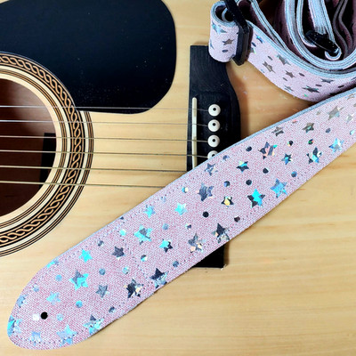 Pink Star Dot Premium Leather Guitar Strap- Star Dot Pink Leather Guitar Strap -