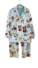 Nick & Nora Flannel Pajamas 2 pc Sz L Sock Monkeys Bowling Car Beach Cook Banana