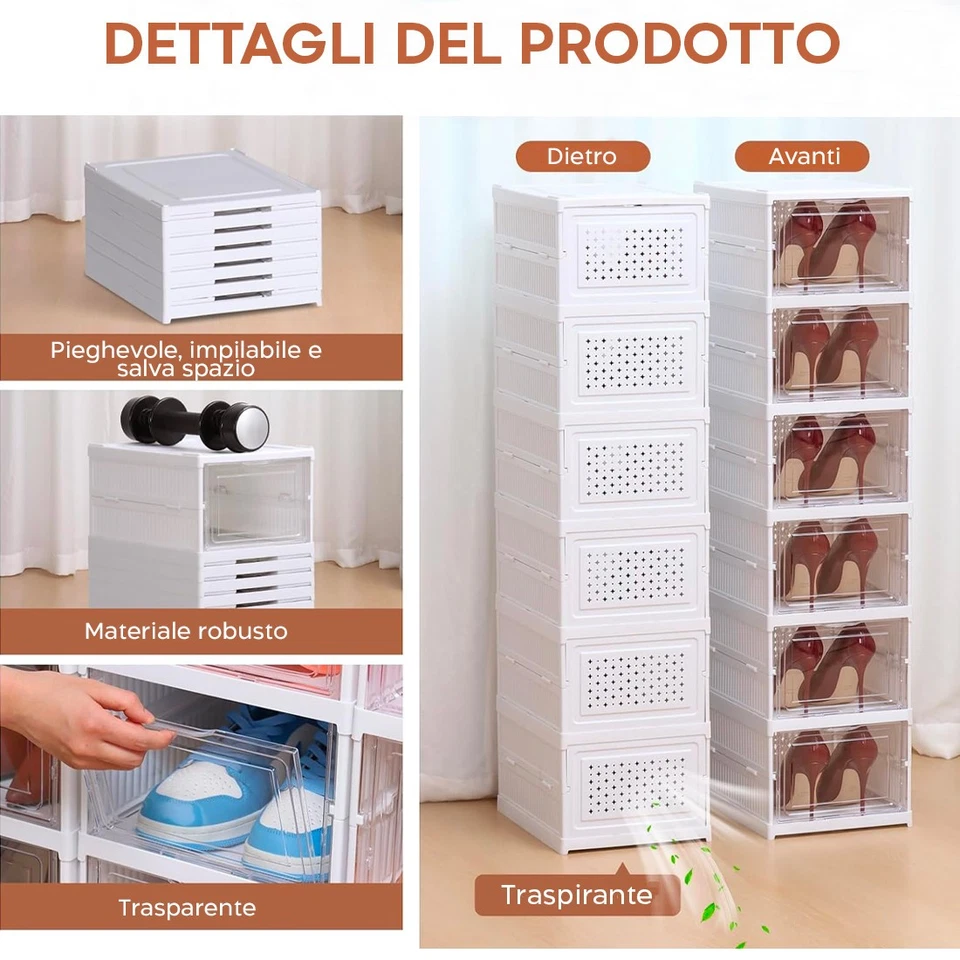 Scarpiera 6 Scatole Impilabile Contenitore Pieghevole Organizzatori Porta Scarpe - Immagine 4 di 4
