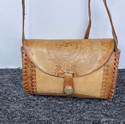 Vintage Mexican Hand Tooled Leather Crossbody Bag Aztec Sun Stone Eagle Warrior