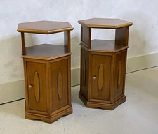2 x Vintage Hexagonal Bedside Cabinets Side Table Pair Wooden