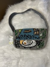 America Beyond Silver Beaded Bag Paris Coffee Flowers Scrolls NWT