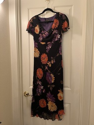 WOMENS DONNA RICCA  GARDEN PARTY BLACK FLORAL MIDI DRESS 6 PURPLE SILK LINING
