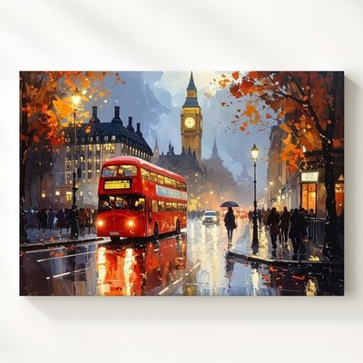 Rainy London Evening Canvas Big Ben & Red Bus City Scene Wall Art