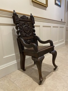 Antique Carved Oak Hall Chair with Barley Twist & Cherub Detail