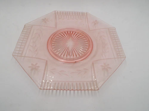 Pink Depression Glass Octagon Pedestal Cake Stand Platter 11"