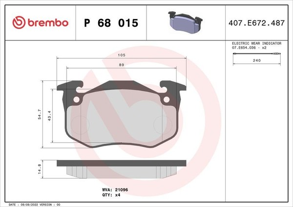 Brembo Bremsbelagsatz, Scheibenbremse P 68 015 FüR Renault-image