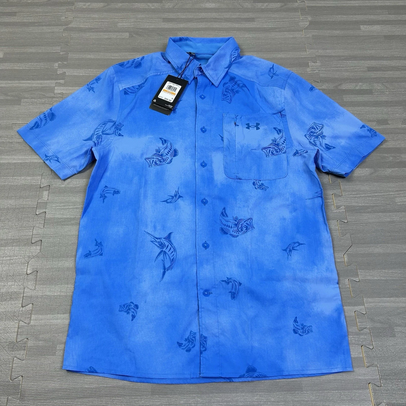 Under Armour Dockside Novelty SS Fishing Shirt Mens Small 1376577 AOP Blue $55