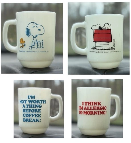 Set of 2 Vintage Snoopy Mugs Fire King 1958 & 1965 Milk Glass Cups Coffee