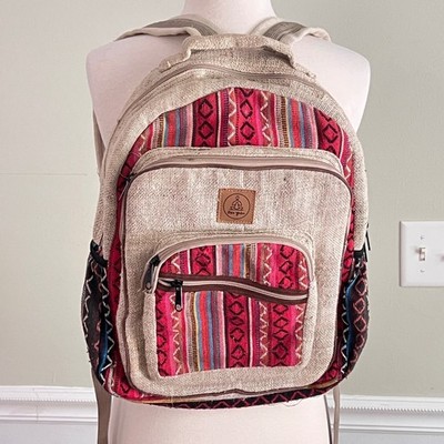 Ojas Yatra Hemp Backpack Unisex Large Boho Woven Geometric Red Beige Festival