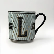 Anthropologie Bistro Tile Mug Monogrammed Coffee Cup “L” great gift EUC 