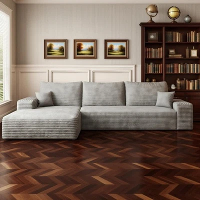 107" Grey Plush L Shaped Sectional Couch Corduroy Boneless Sofa with Left Chaise