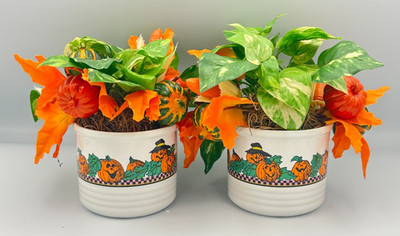 Inarco White Halloween Pumpkin Planters with Faux Pumpkins & Flowers Set