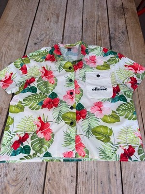 Fabulous ELLESSE Sporty Quick Drying Green & Pink Hibiscus Print S/S Shirt #7