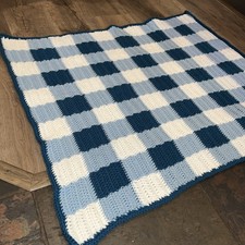 Blue White baby Boy KNIT Blanket GRANNY Squares HAND Made Afghan 40x32  NEW Small