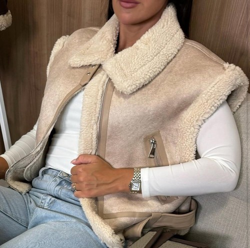 Sherpa Winter Warm Faux Fur Vest Zip Up Sleeveless Jacket Coat with Pockets - Picture 5 of 5