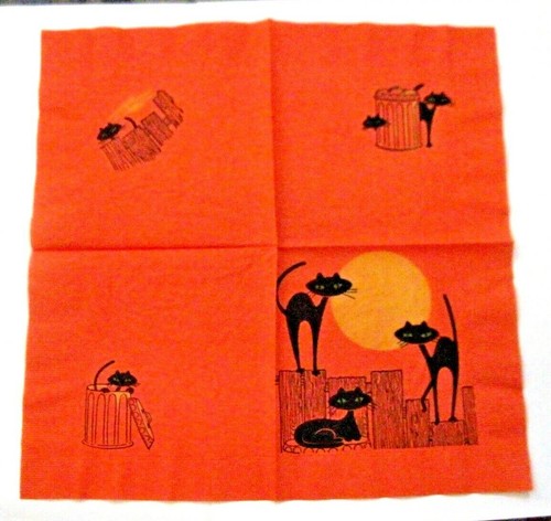 Three Cute Black Cats w/Green Eyes on Vintage Halloween Napkin * - Picture 2 of 5