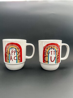 Boston Warehouse Mug Set Rainbow Happy Place & Cheer Up Buttercup Lot 2