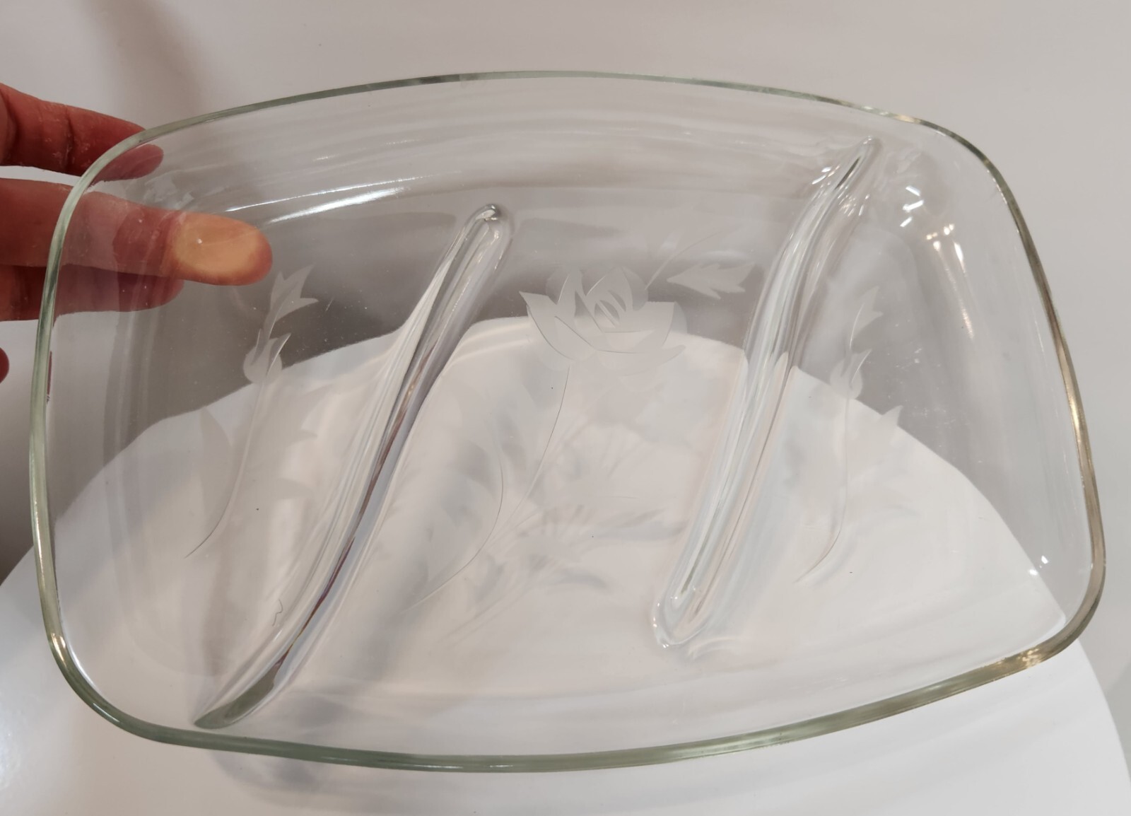 Vintage 3-Tier Clear Glass Serving Dish with Etched Floral Pattern