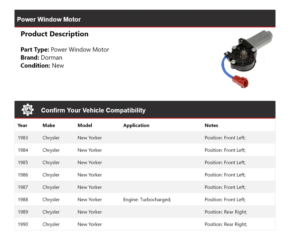 For 1983-1990 Chrysler New Yorker Dorman Power Window Motor 1984 1985 1986 1987 - Image 2 of 4