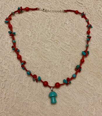 21  Handcrafted Turquoise Mushroom Boho Macramé Necklace 