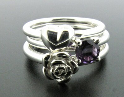 Elements silver 3 stackable rings with amethyst, a rose and a heart, size L