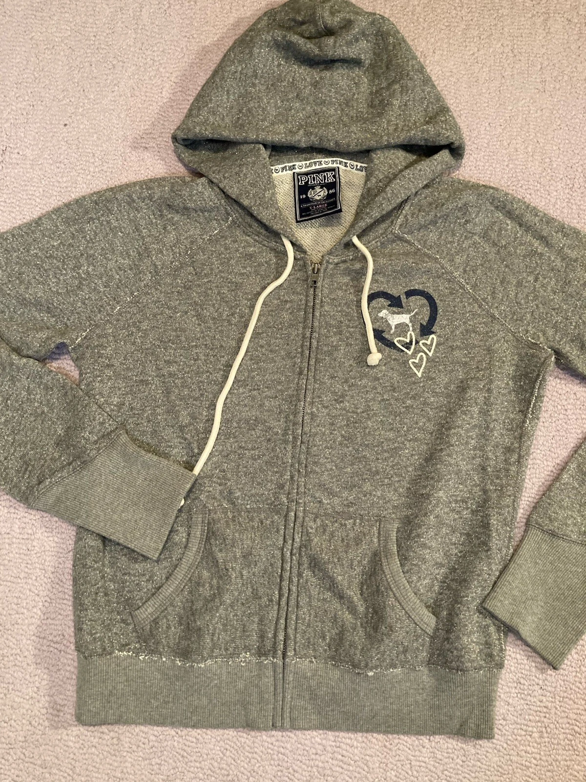 UNDERCOVER Giacca con cappuccio vintage ROSA Victoria’s Secret grigio metallizzato glitter senza abbracci XL