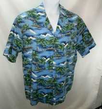 Vintage Mens Evergreen Island Hawaiian Shirt Sz XL Blue SS Palm Trees Button GVC